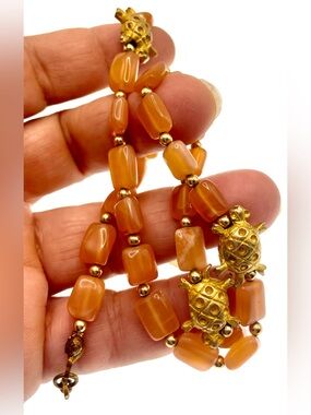 Vintage Peach Glass Beaded Turtle Necklace Gold Tone Statement Necklace